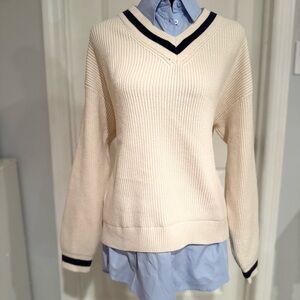 Mango Cream V-Neck Sweater with Black Accents